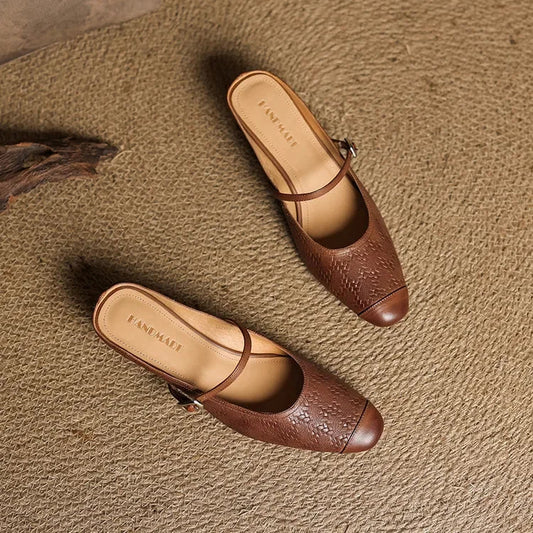 Amelier Women's Leather Mary Jane Mules Block Heel Brown