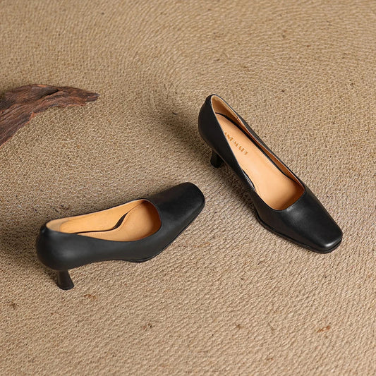 Amelier Women's Leather Pumps Square Toe Block Heel Coffee