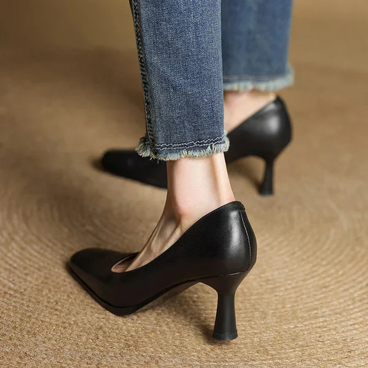 Amelier Women's Leather Pumps Square Toe Block Heel Coffee