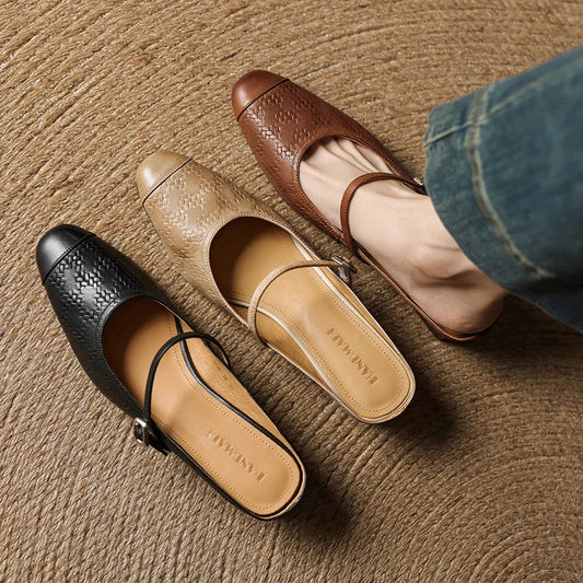 Amelier Women's Leather Mary Jane Mules Block Heel Brown