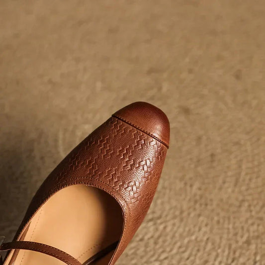 Amelier Women's Leather Mary Jane Mules Block Heel Brown