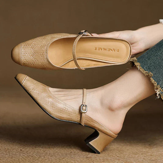 Amelier Women's Leather Mary Jane Mules Block Heel