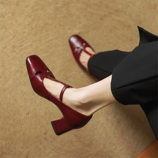 Amelier Women's Leather Pumps Block Heel Brown