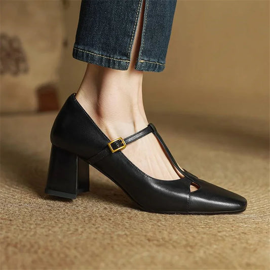 Amelier Women's Leather Pumps Block Heel Brown