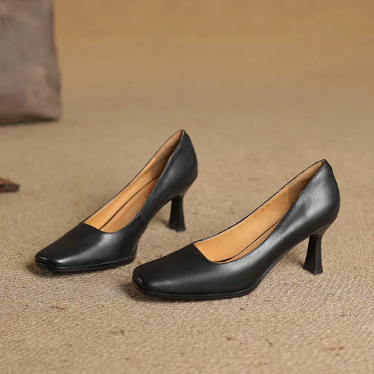 Amelier Women's Leather Pumps Square Toe Block Heel Coffee