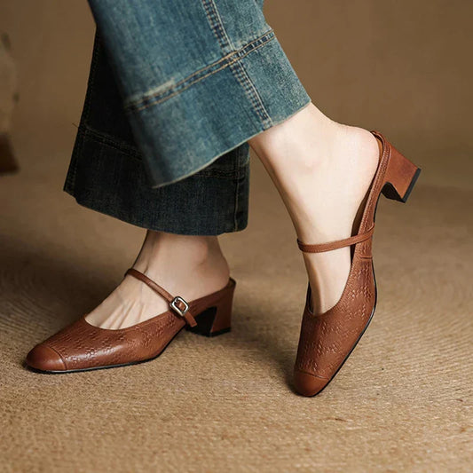 Amelier Women's Leather Mary Jane Mules Block Heel