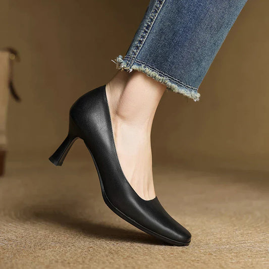 Amelier Women's Leather Pumps Square Toe Block Heel Coffee