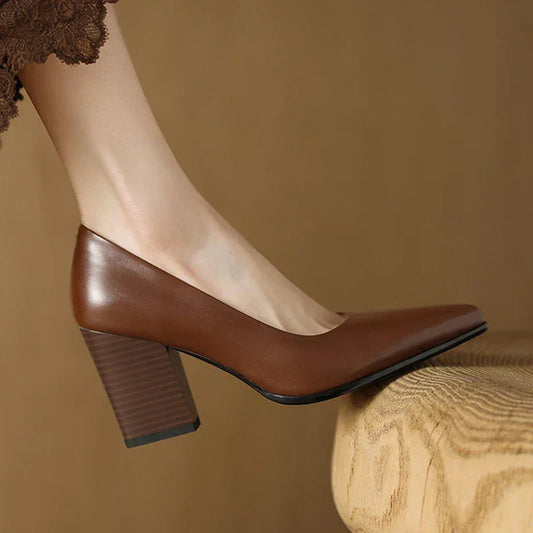 Amelier Women's Leather Pumps Pointed Toe Block Heel
