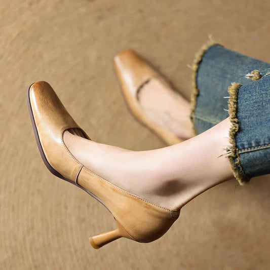 Amelier Women's Leather Pumps Square Toe Block Heel Coffee