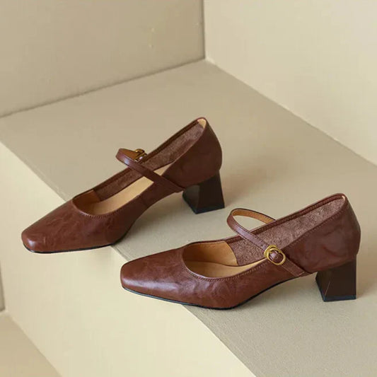Amelier Women's Leather Mary Jane Heels Square Toe Brown