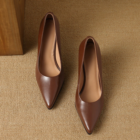 Amelier Women's Leather Pumps Pointed Toe Block Heel