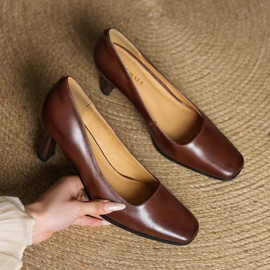 Amelier Women's Leather Pumps Square Toe Block Heel Coffee