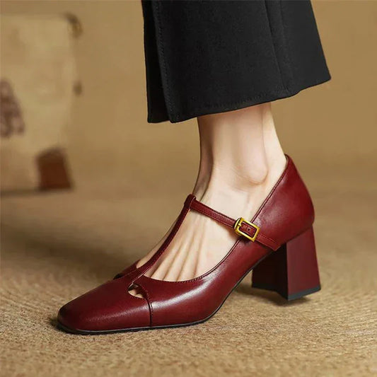 Amelier Women's Leather Pumps Block Heel Brown