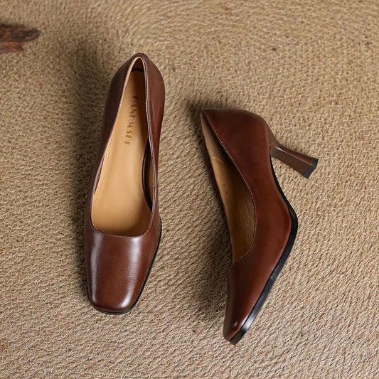Amelier Women's Leather Pumps Square Toe Block Heel Coffee