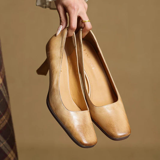Amelier Women's Leather Pumps Square Toe Block Heel Coffee