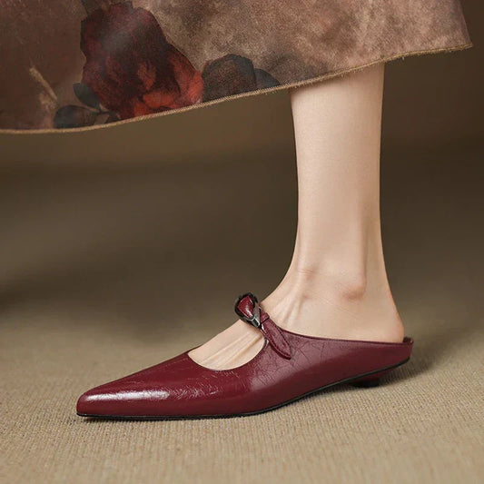 Amelier Women's Leather Mules Pointed Toe Slip-On Maroon