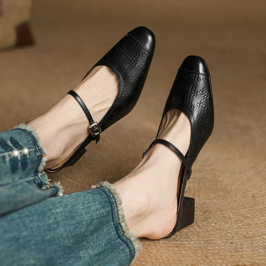 Amelier Women's Leather Mary Jane Mules Block Heel