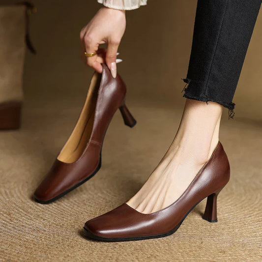 Amelier Women's Leather Pumps Square Toe Block Heel Coffee