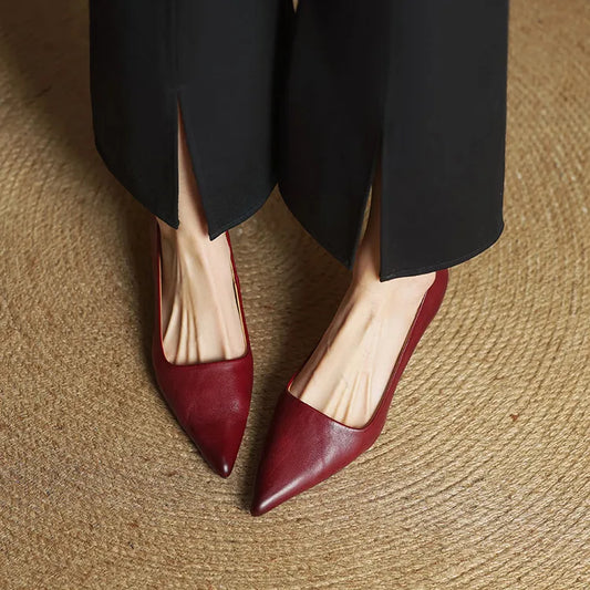 Amelier Women's Leather Kitten Heels Pointed Toe Slim Maroon
