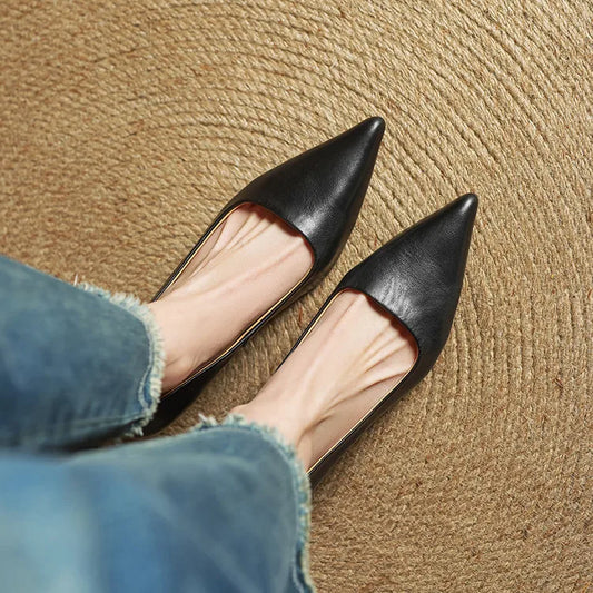 Amelier Women's Leather Kitten Heels Pointed Toe Black