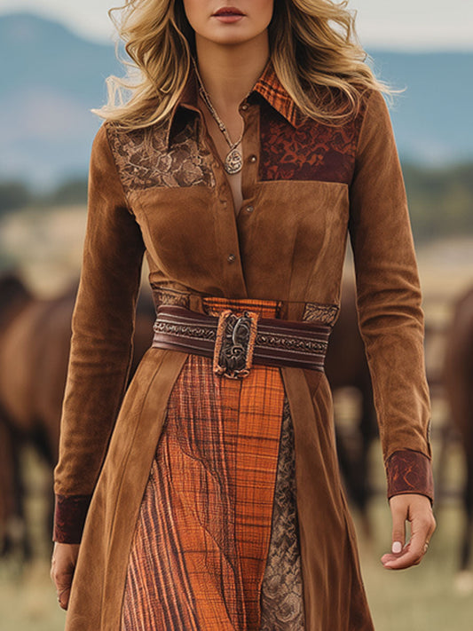 BXL Western Retro Faux Suede Plaid Maxi Dress Caramel