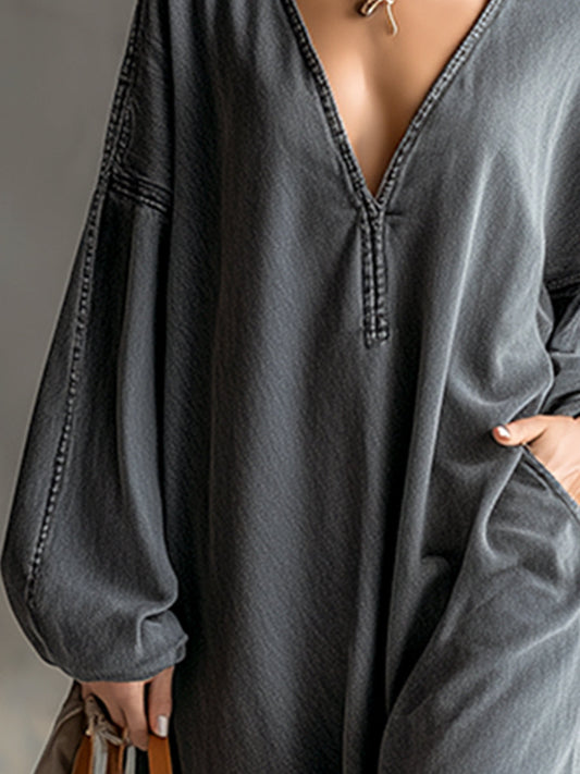 Grey Denim Tassel Long Sleeve Maxi Dress Relaxed Fit