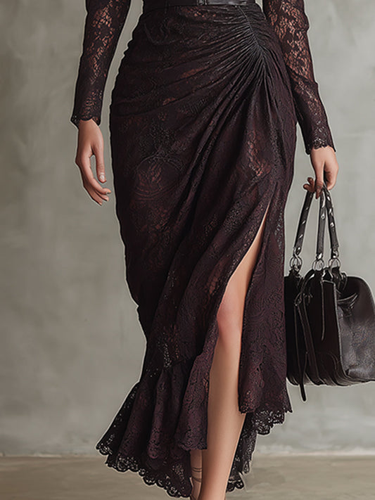 Retro Brown-red Faux Leather Lace Long-sleeve Maxi Dress