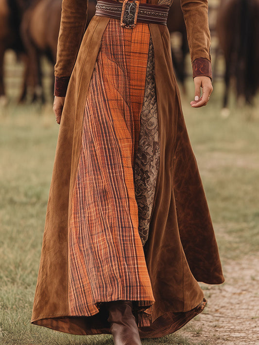 BXL Western Retro Faux Suede Plaid Maxi Dress Caramel