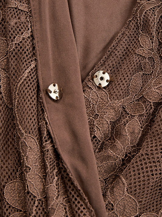 Elegant Brown Lace Long Sleeve Maxi Dress Front Slit