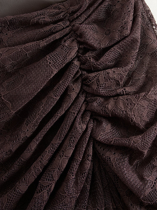 Retro Brown-red Faux Leather Lace Long-sleeve Maxi Dress