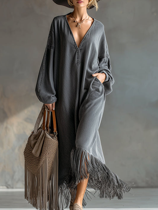 Grey Denim Tassel Long Sleeve Maxi Dress Relaxed Fit