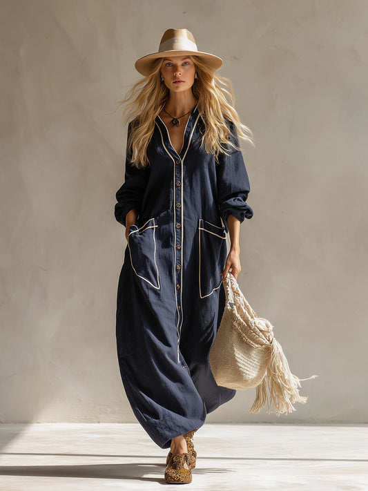 Cotton Linen Maxi Dress Navy Blue Urban Style Loose