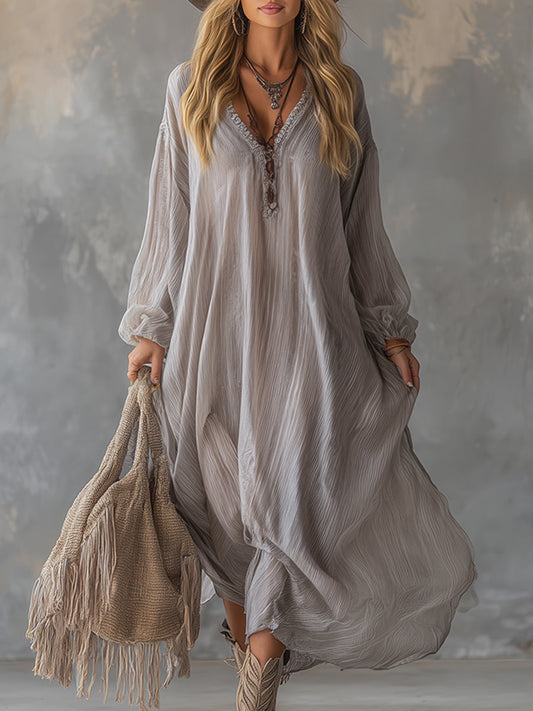 GY V-neck Crinkled Chiffon Maxi Dress Light Gray