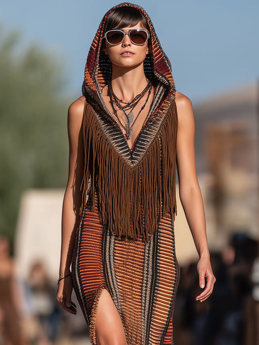 Oyrosy Western Retro Striped Knitted Tassel Hooded Maxi Dress Brown