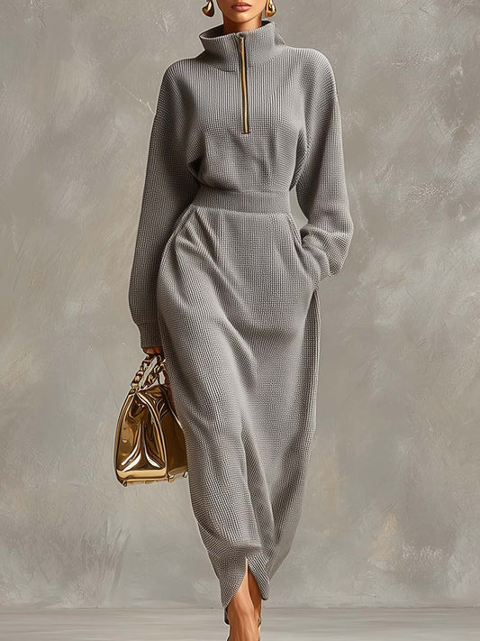 CSS Waffle Fabric Maxi Dress Front Zipper Light Gray