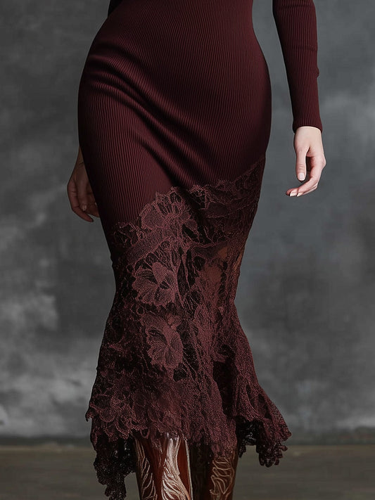ZT High-Neck Lace Hem Burgundy Knitted Maxi Dress