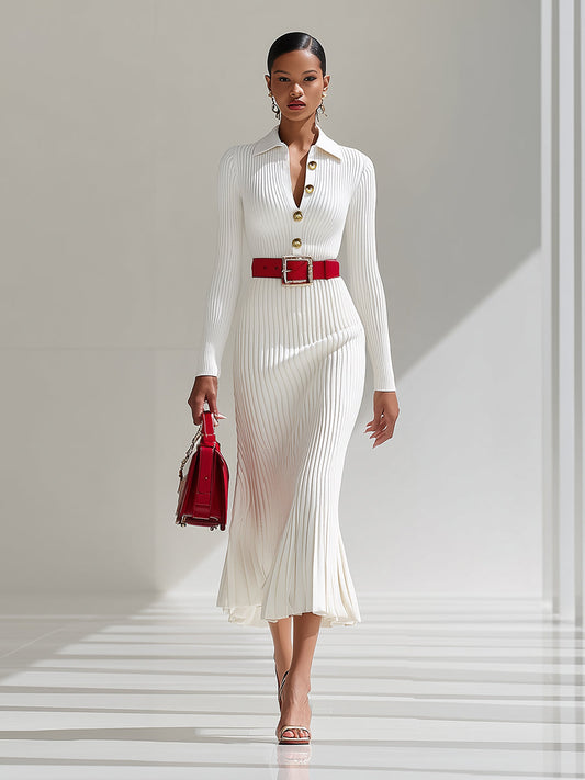 QMY Wool Lapel Button Design Maxi Dress White