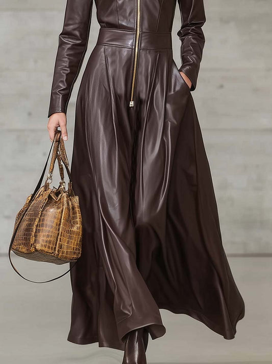 CSS Faux Leather Maxi Dress Front Zipper Long Sleeve Brown