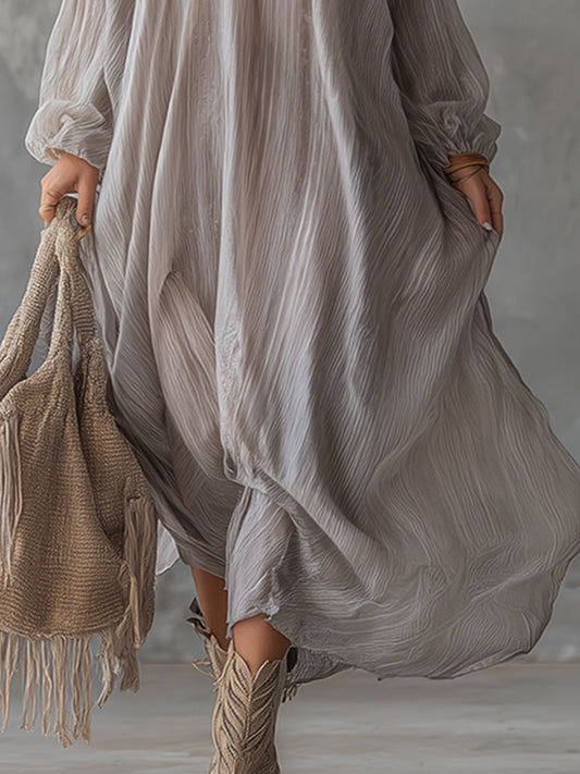 GY V-neck Crinkled Chiffon Maxi Dress Light Gray