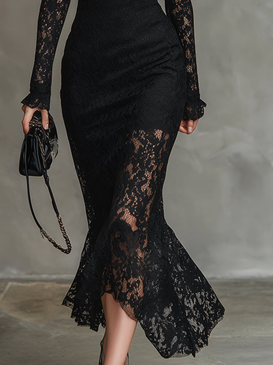 GY Stretch Lace Fishtail Maxi Dress Black Formal Gown