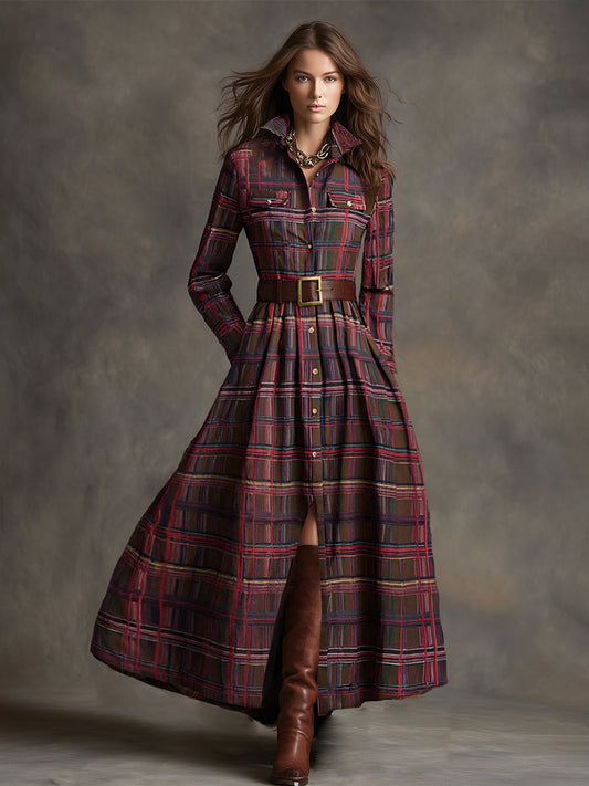 GY Retro Ethnic Lapel Plaid Long Sleeve Maxi Dress