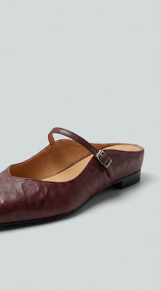 Amelier Women's Leather Mules Pointed Toe Slip-On Flat Maroon
