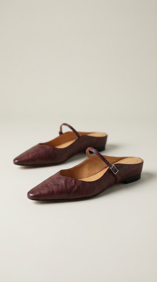 Amelier Women's Leather Mules Pointed Toe Slip-On Flat