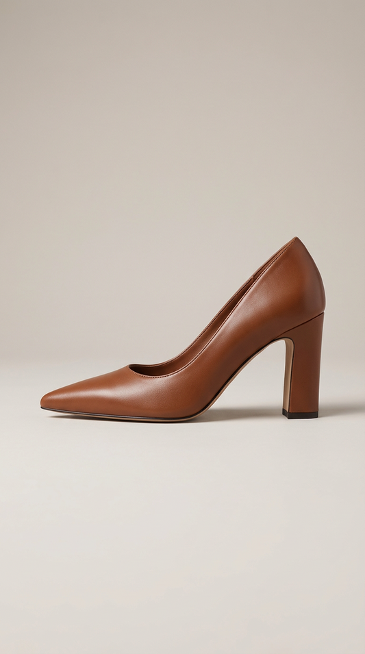 Amelier Women's Leather Pumps Pointed Toe Block Heel