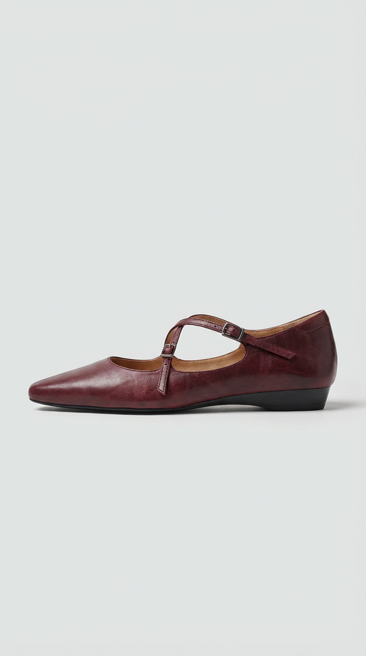 Amelier Women's Leather Ballet Flats Cross-Strap Almond Toe
