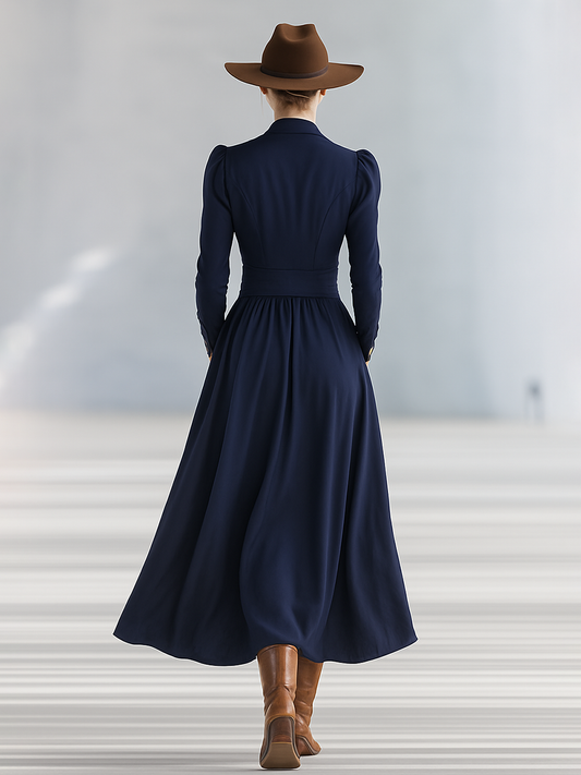 Elegant Button-Decorated V-Neck Long-Sleeved Maxi Dress Cotton Blend