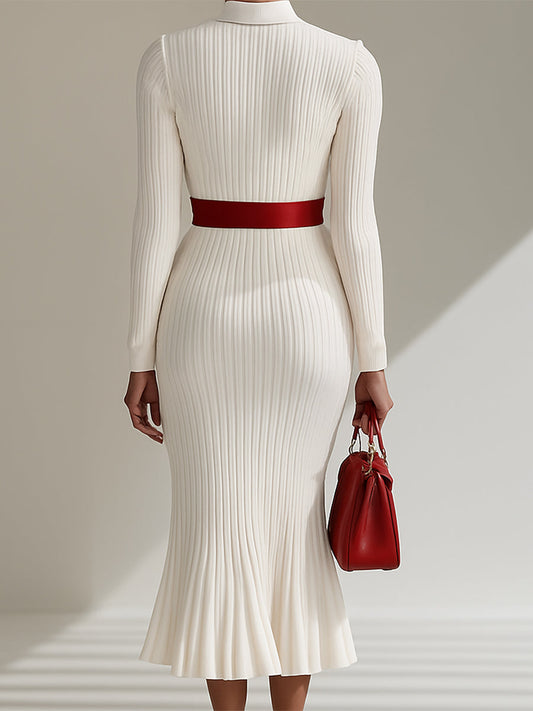 QMY Wool Lapel Button Design Maxi Dress White