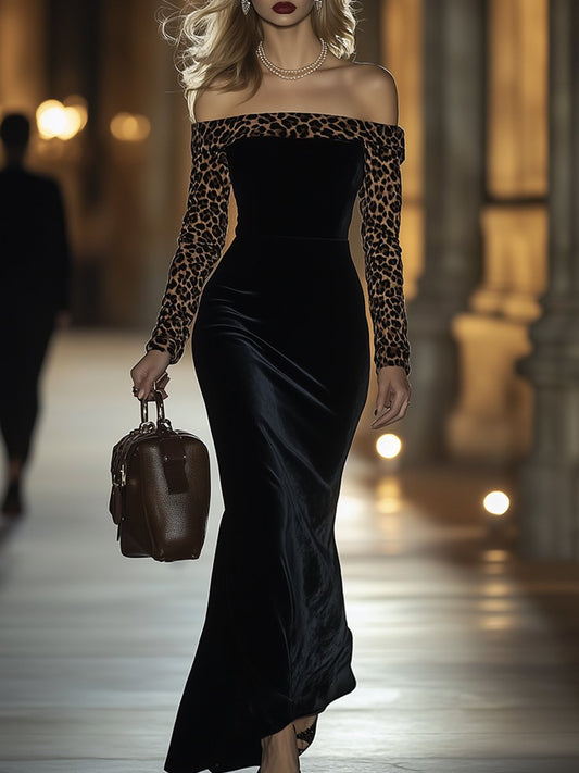 Elegant One-Shoulder Leopard Print Velvet Maxi Dress Brown