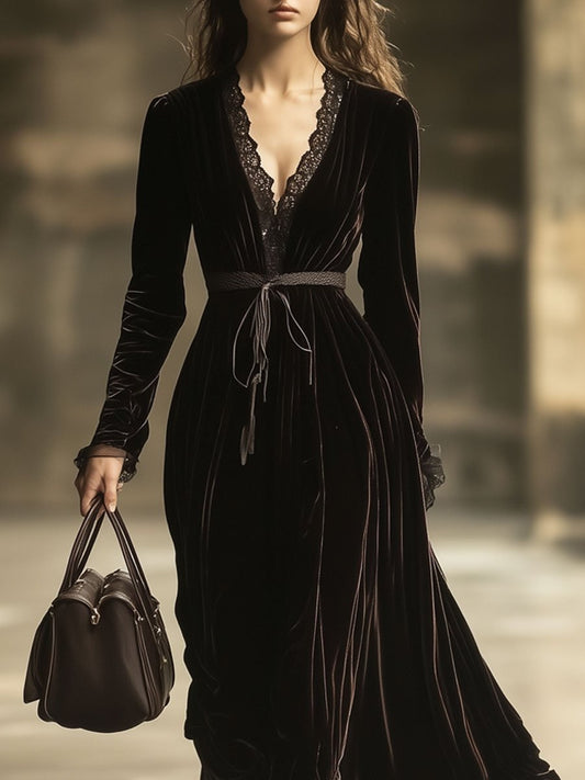 Oyrosy V-Neck Lace Panel Velvet Long Sleeve Maxi Dress Brown