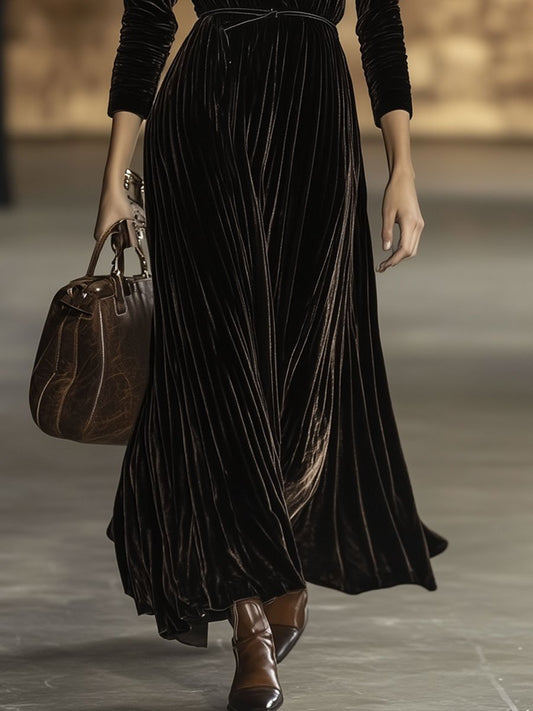 Oyrosy V-Neck Velvet Long Sleeve Maxi Dress with Belt Brown